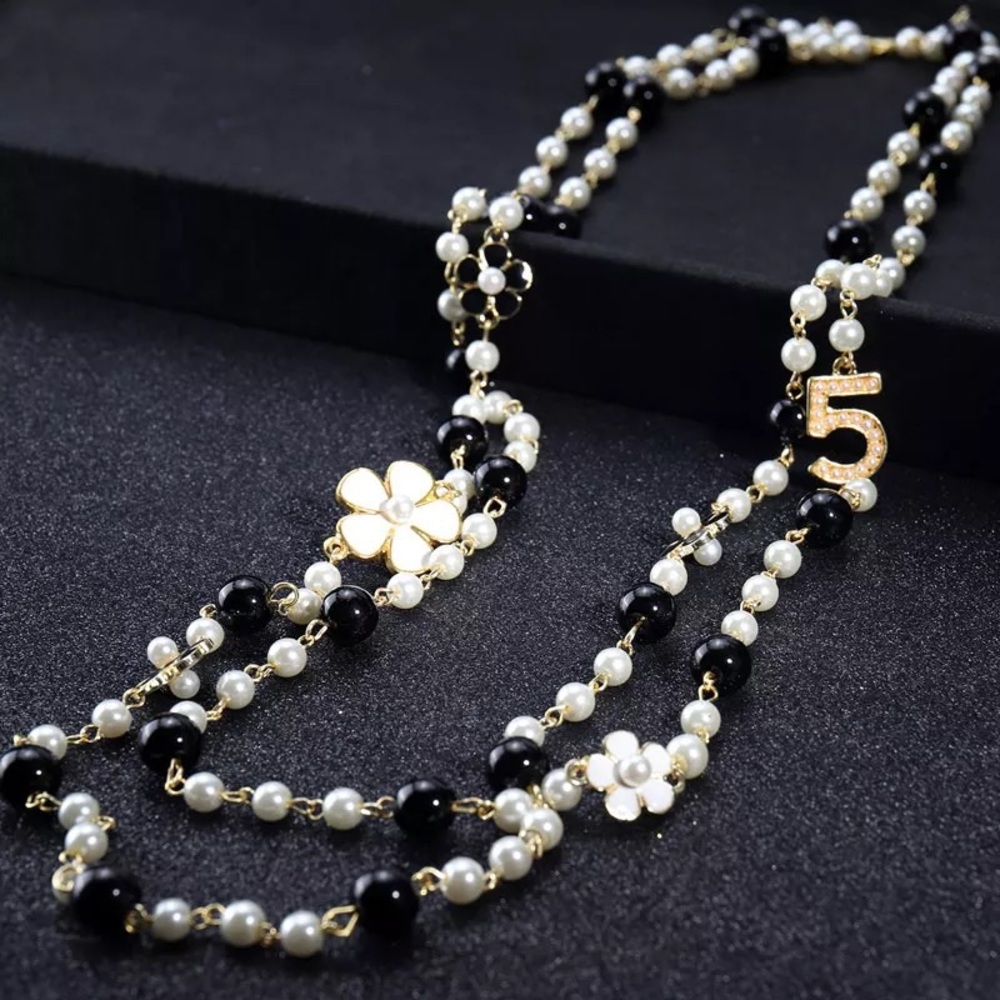 New Pearl Camellia Number5 Flower Double Long Necklace - Picture 16 of 17